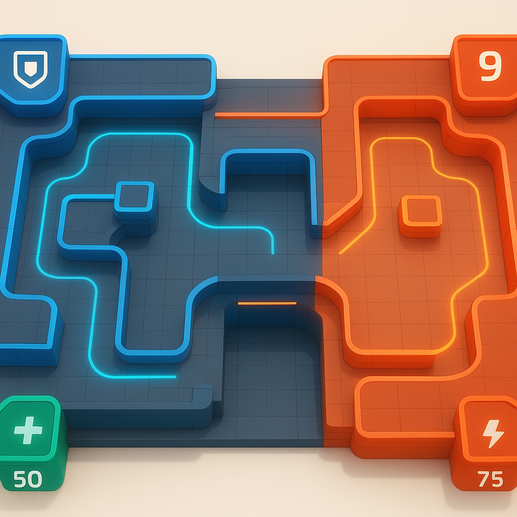 In-game HUD and asymmetric level screenshot